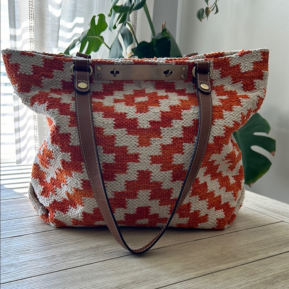 Geometric Orange and Cream Tote with Leather Straps